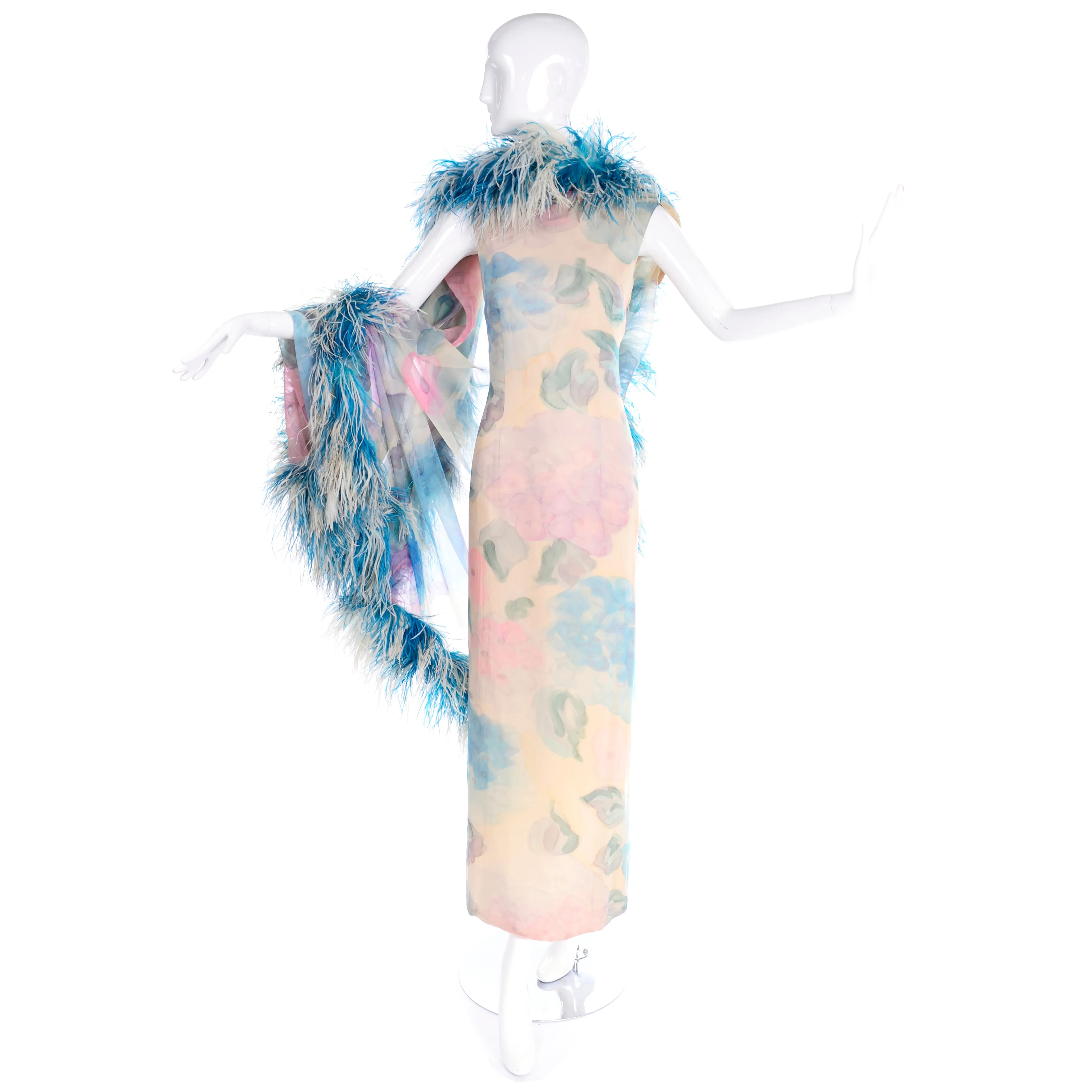 1960s Sarmi Vintage Blue & Pink Floral Silk Chiffon Dress w/ Blue Ostrich Feathers