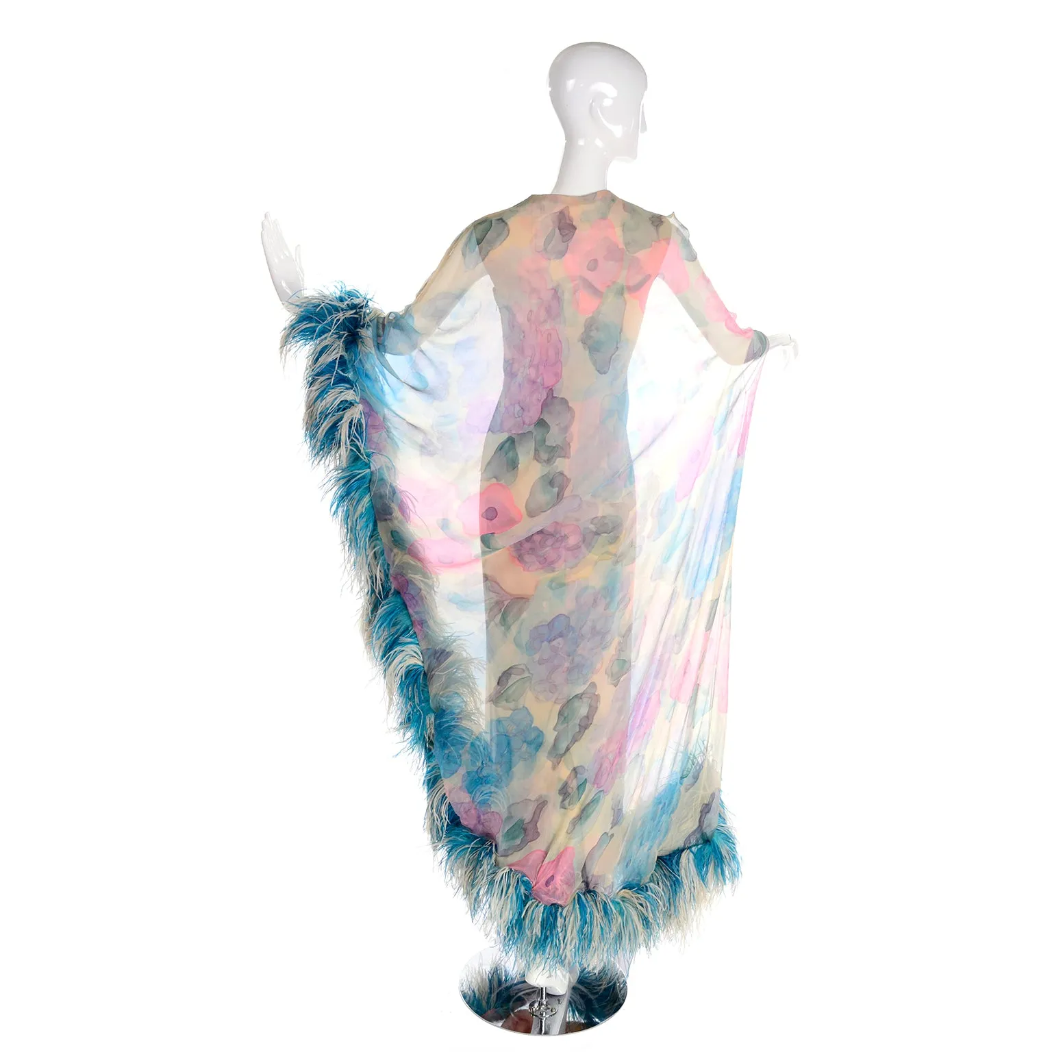 1960s Sarmi Vintage Blue & Pink Floral Silk Chiffon Dress w/ Blue Ostrich Feathers