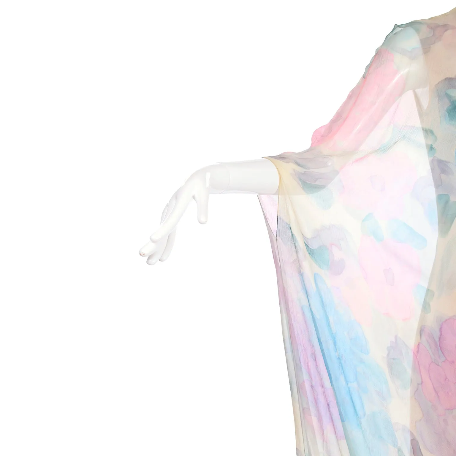 1960s Sarmi Vintage Blue & Pink Floral Silk Chiffon Dress w/ Blue Ostrich Feathers