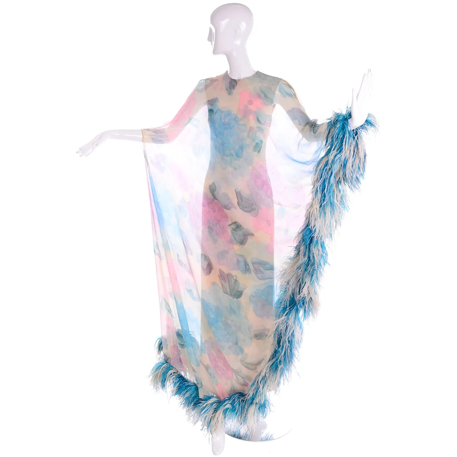 1960s Sarmi Vintage Blue & Pink Floral Silk Chiffon Dress w/ Blue Ostrich Feathers