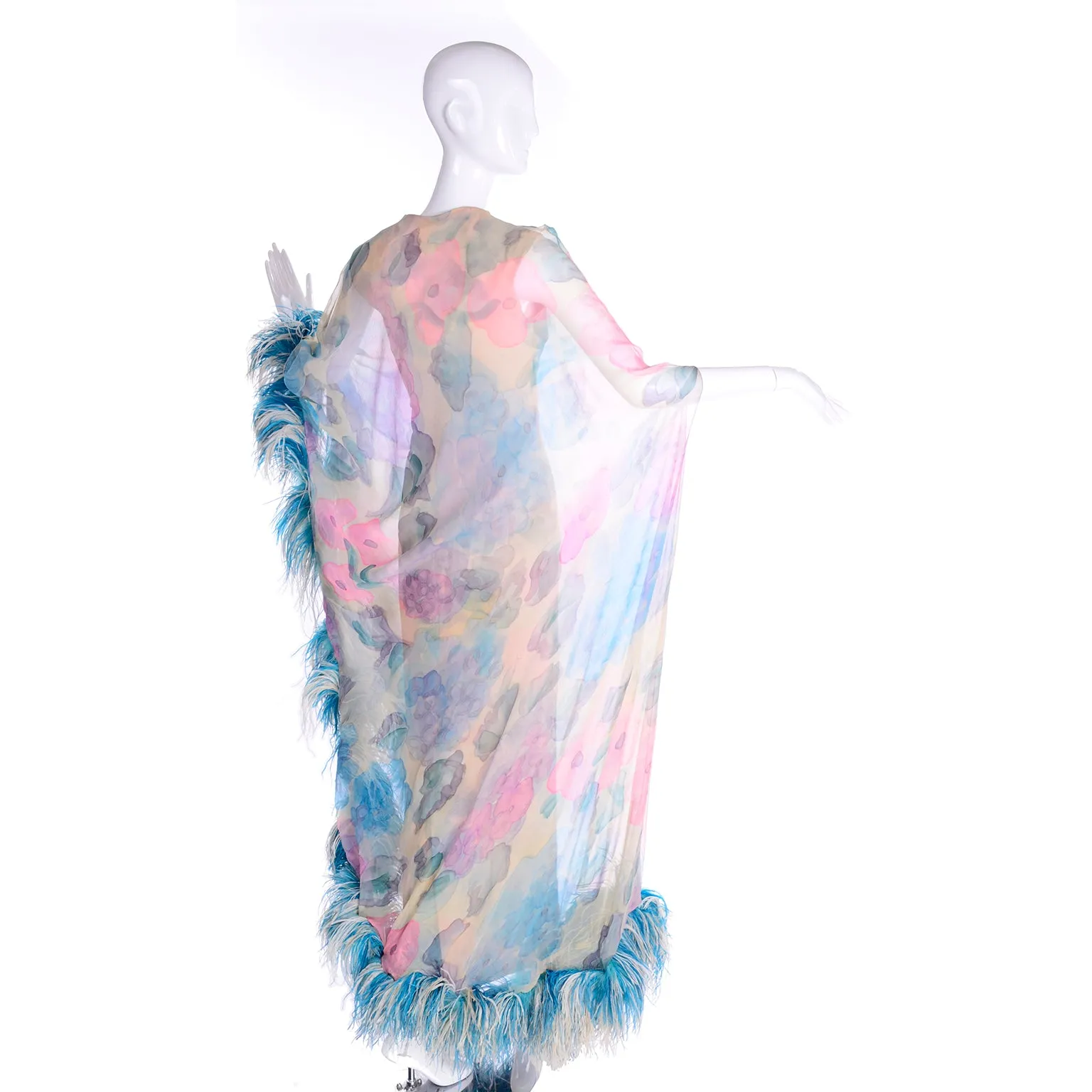 1960s Sarmi Vintage Blue & Pink Floral Silk Chiffon Dress w/ Blue Ostrich Feathers