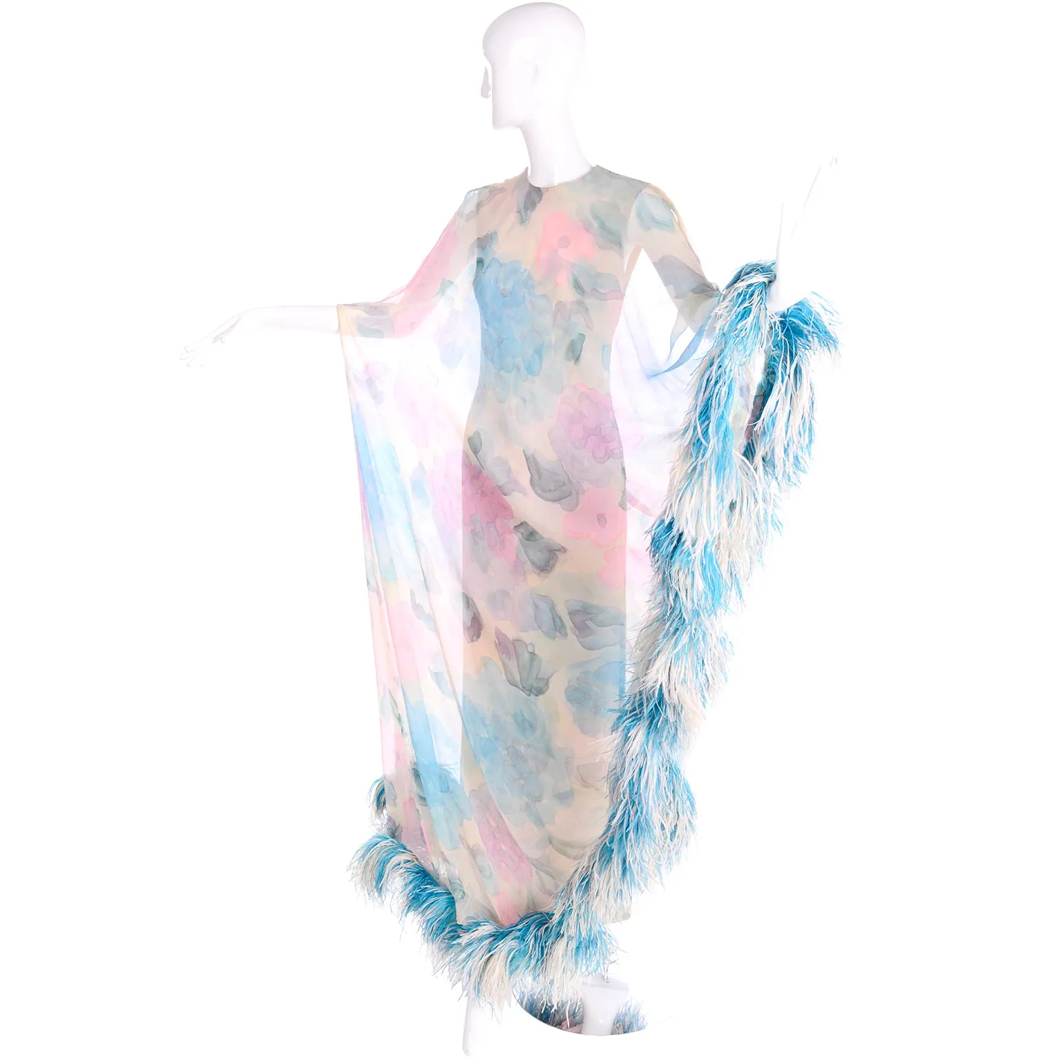 1960s Sarmi Vintage Blue & Pink Floral Silk Chiffon Dress w/ Blue Ostrich Feathers