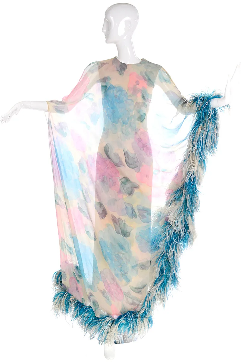 1960s Sarmi Vintage Blue & Pink Floral Silk Chiffon Dress w/ Blue Ostrich Feathers