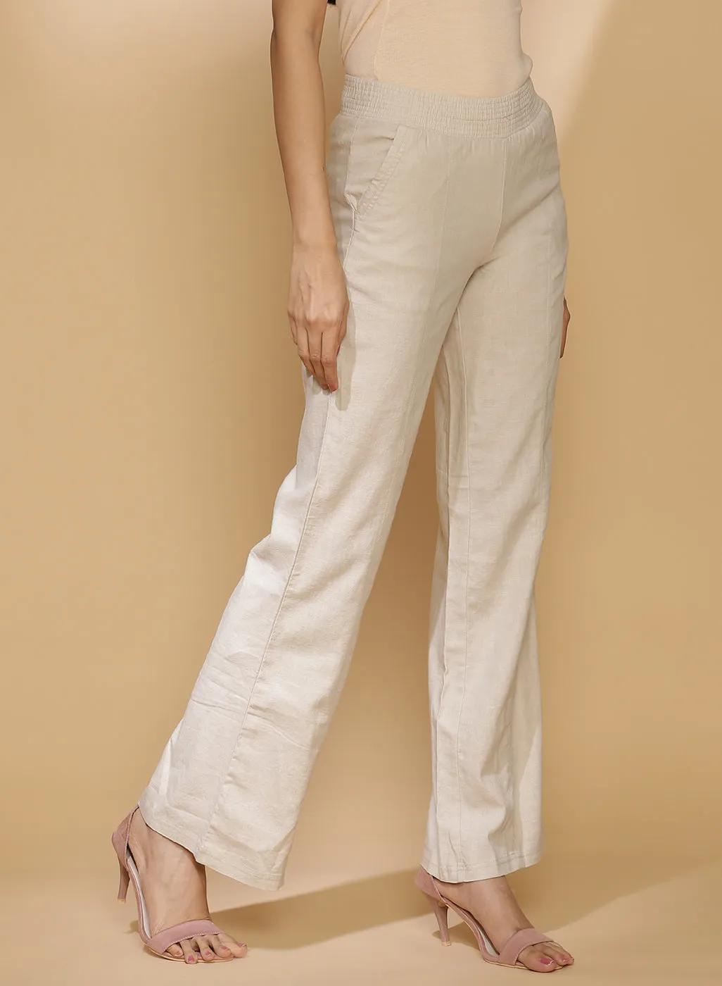 Akiya D.Beige Cotton Linen Relaxed Fit Pants for Women