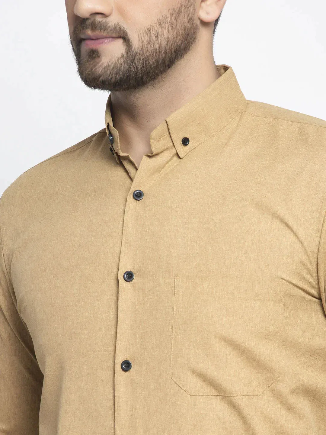 Beige Men's Cotton Solid Button Down Formal Shirts