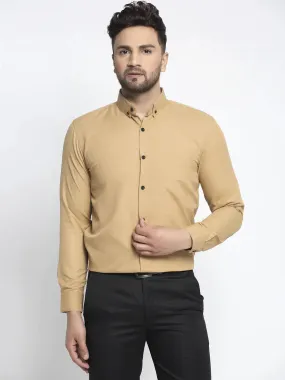 Beige Men's Cotton Solid Button Down Formal Shirts