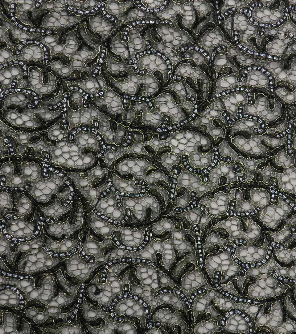 Black and Silver Abstract Embroidered Tulle Fabric