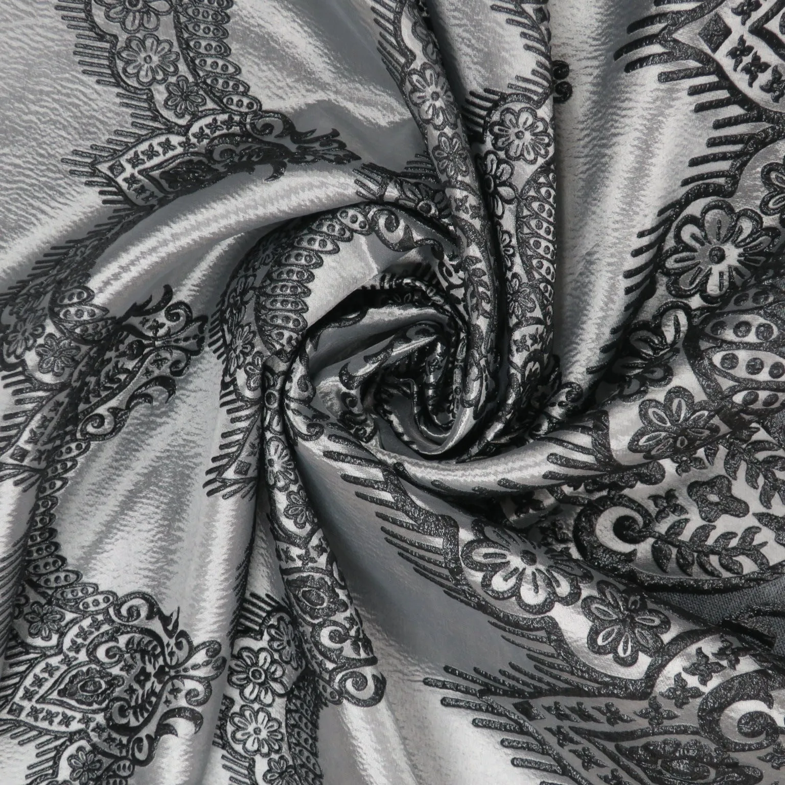 Black Damask Floral on Metallic Background Brocade Fabric