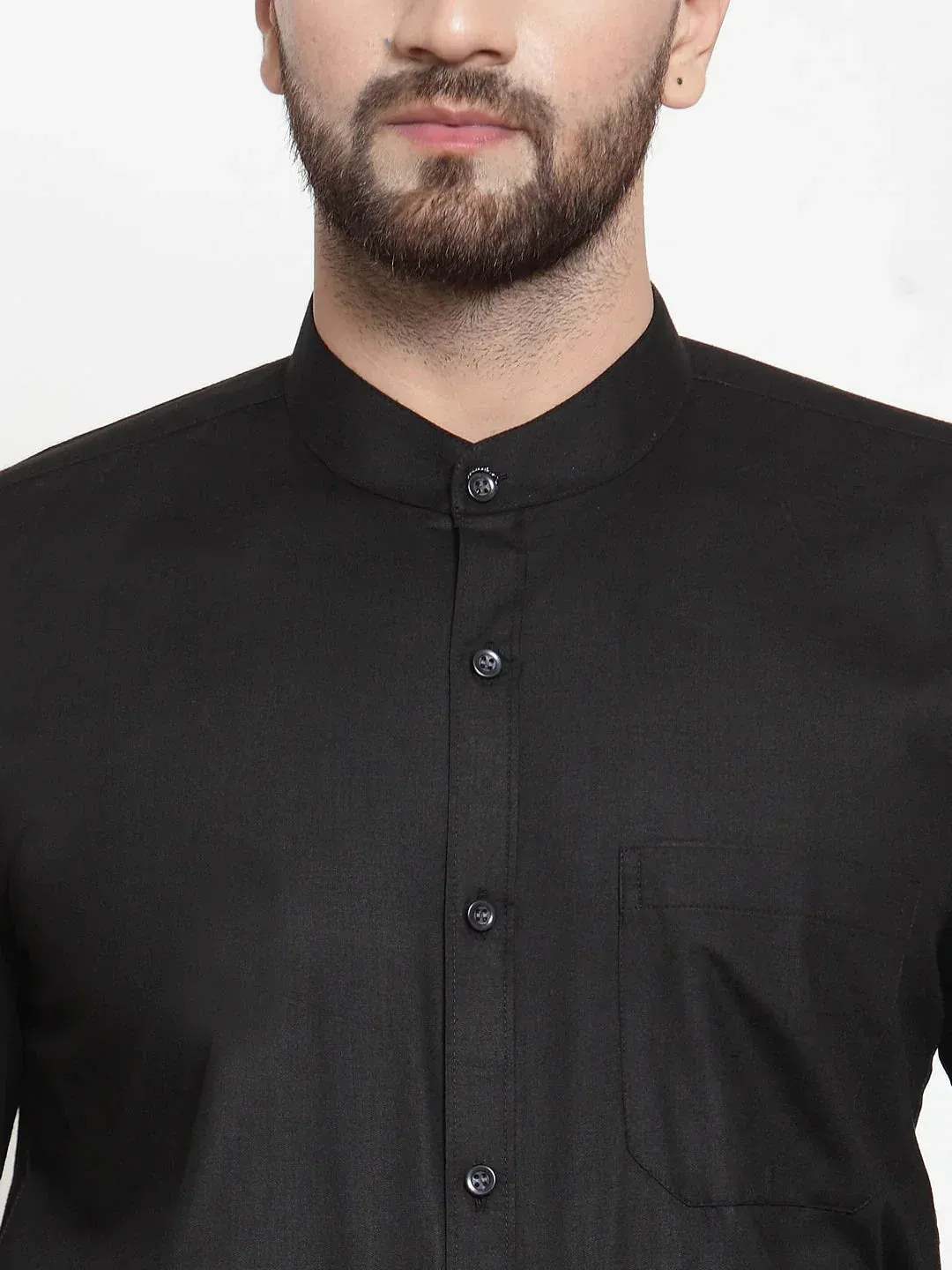 Black Men's Cotton Solid Mandarin Collar Formal Shirts