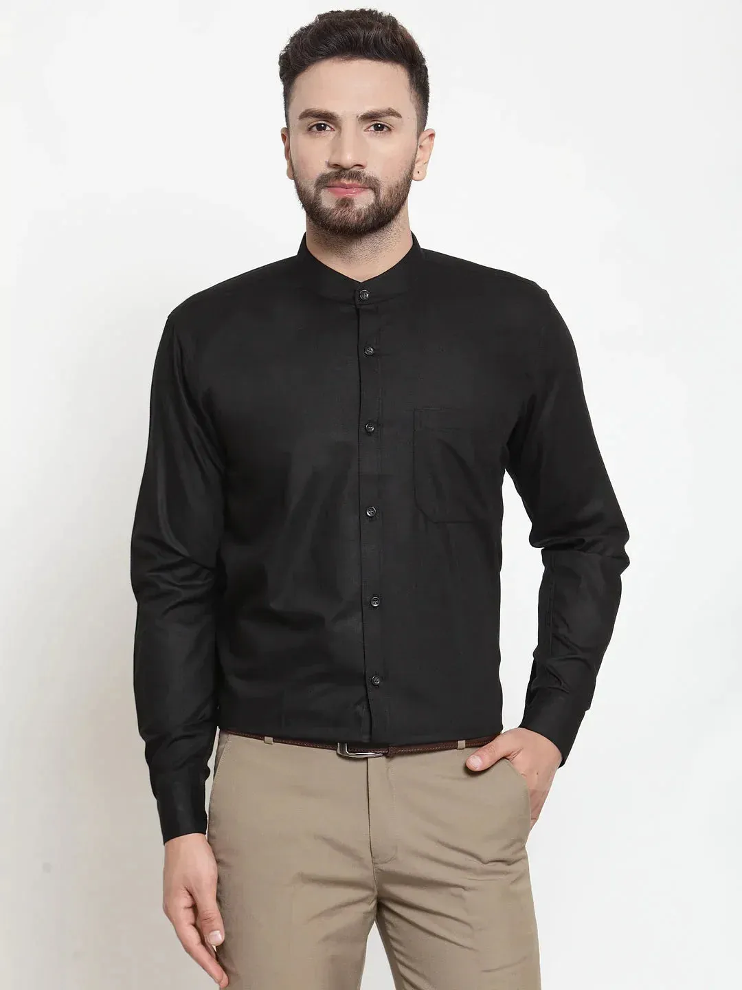 Black Men's Cotton Solid Mandarin Collar Formal Shirts