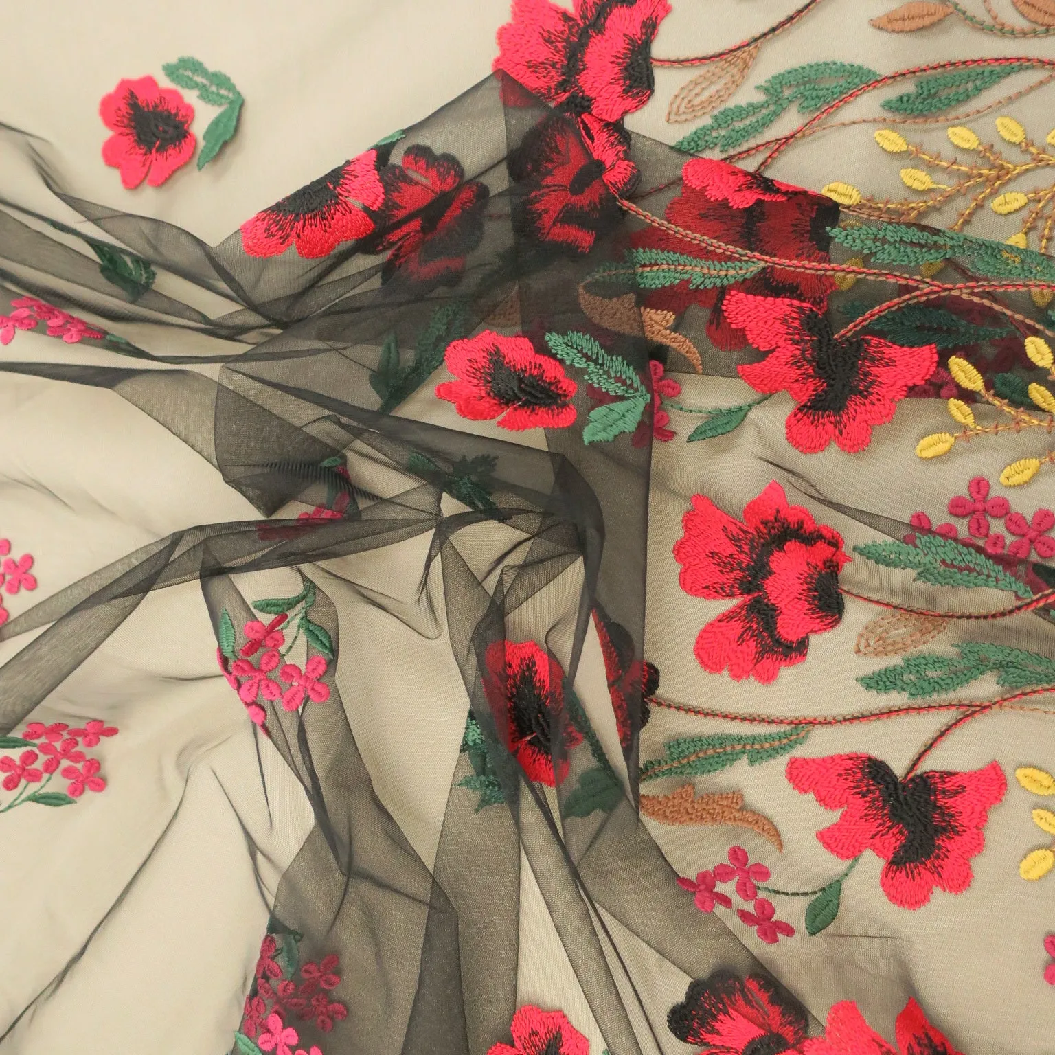 Black, Red Green and Yellow Floral Embroidered Tulle Fabric