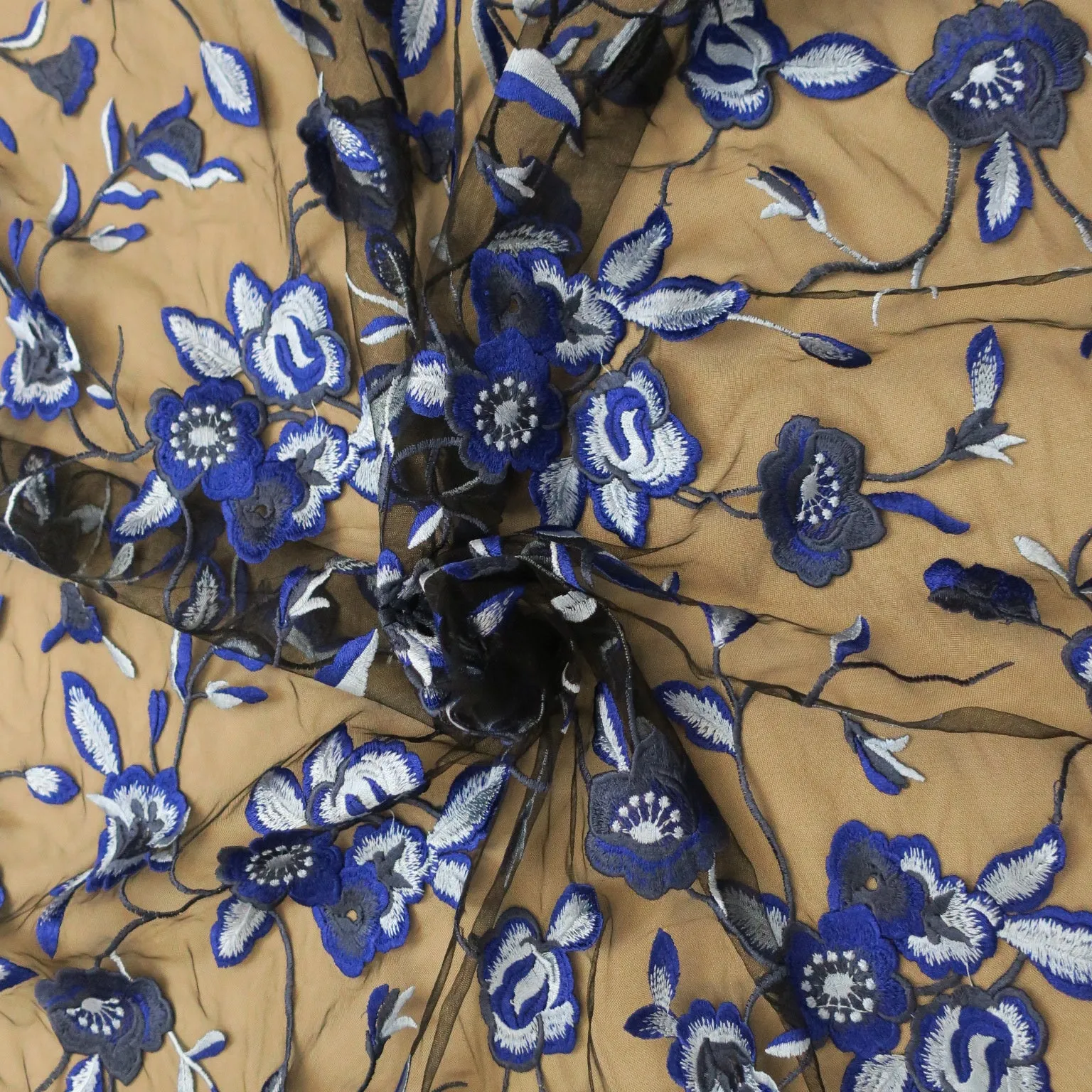 Black Tulle with Blue Floral Embroidery Fabric