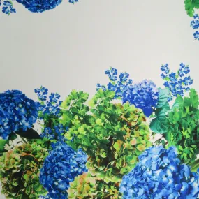 Blue and Green Floral on White Printed Polyester Mikado Fabric