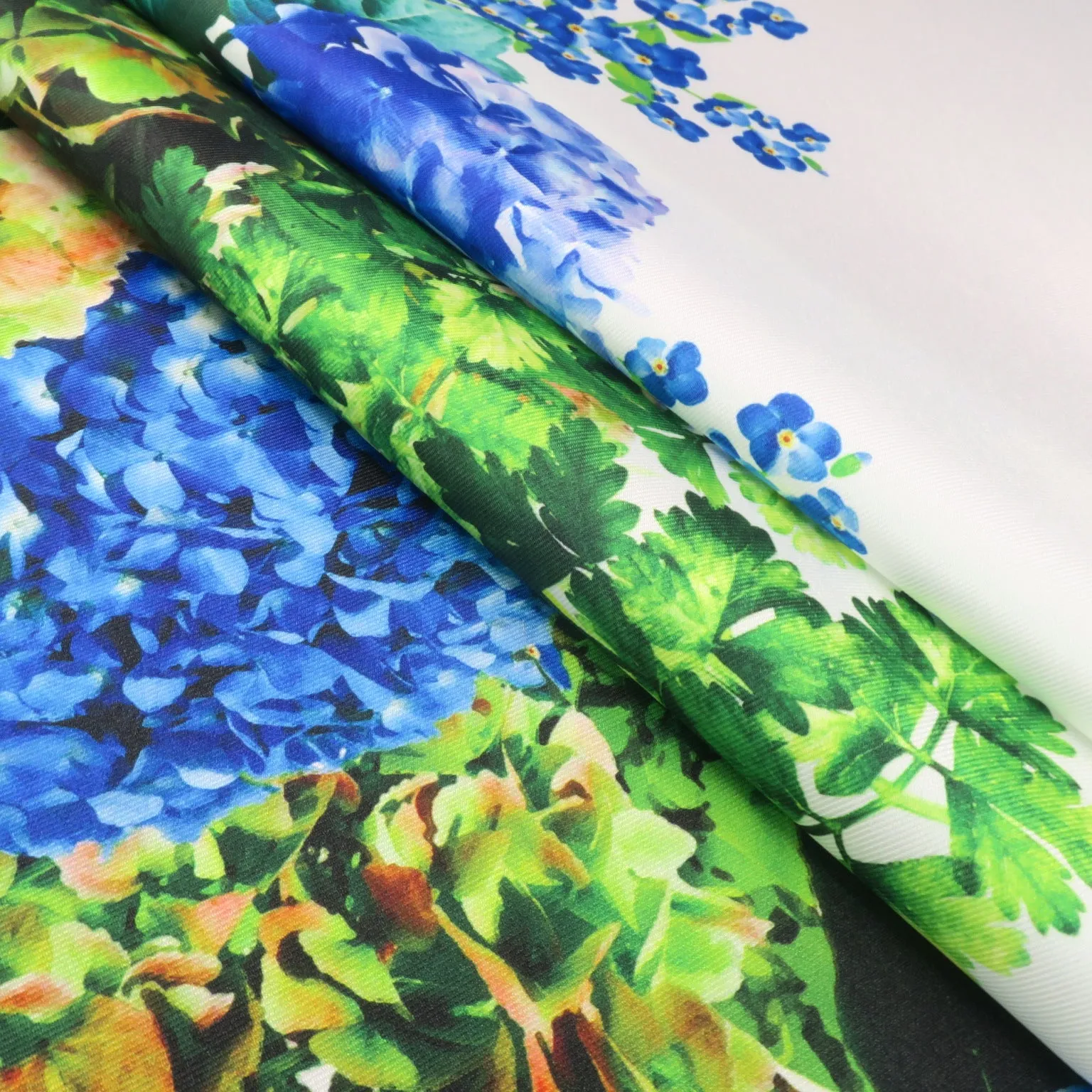 Blue and Green Floral on White Printed Polyester Mikado Fabric