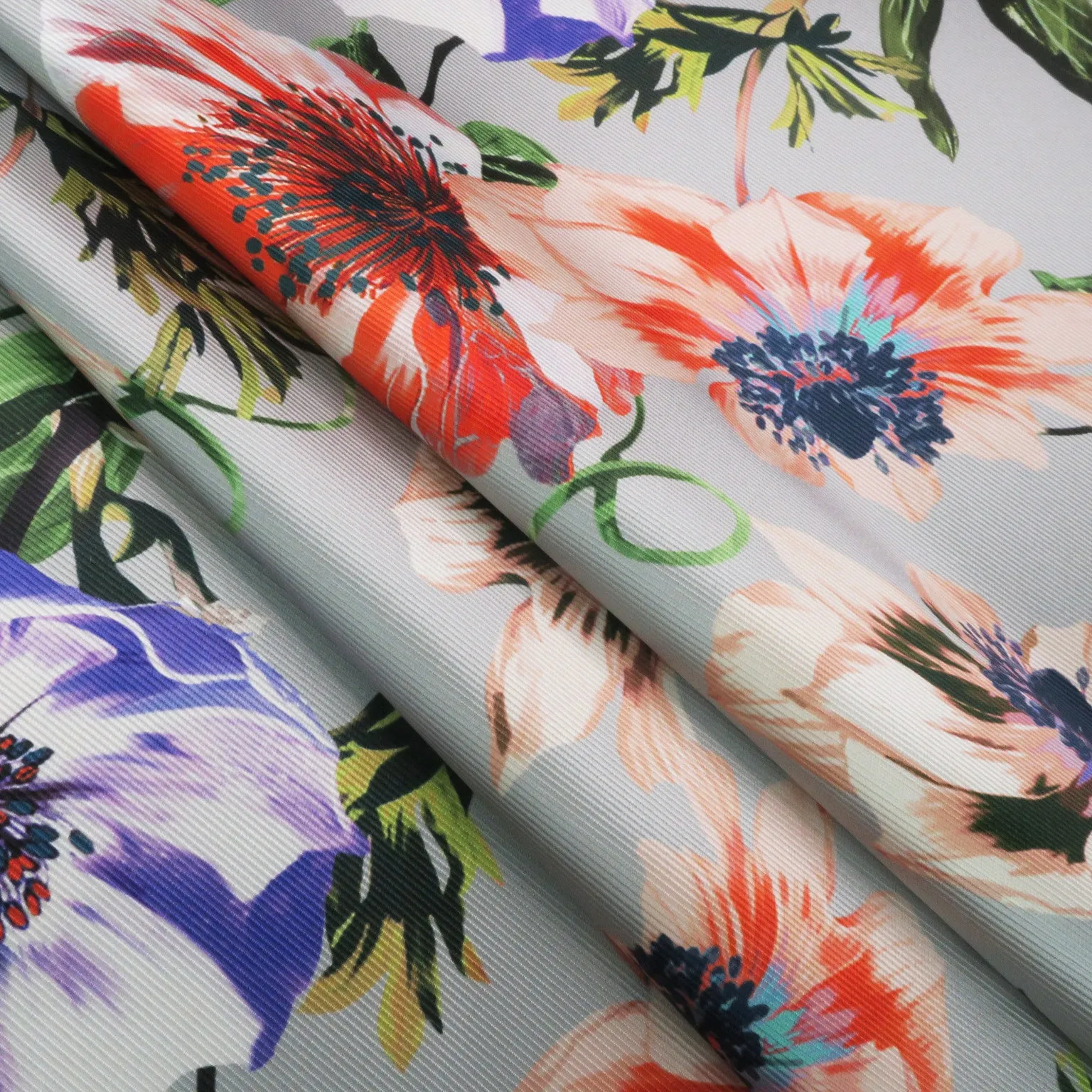 Blue and Red Floral on Grey Background Printed Polyester Mikado Fabric