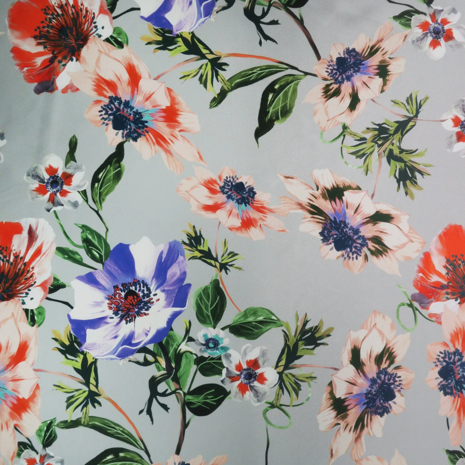 Blue and Red Floral on Grey Background Printed Polyester Mikado Fabric