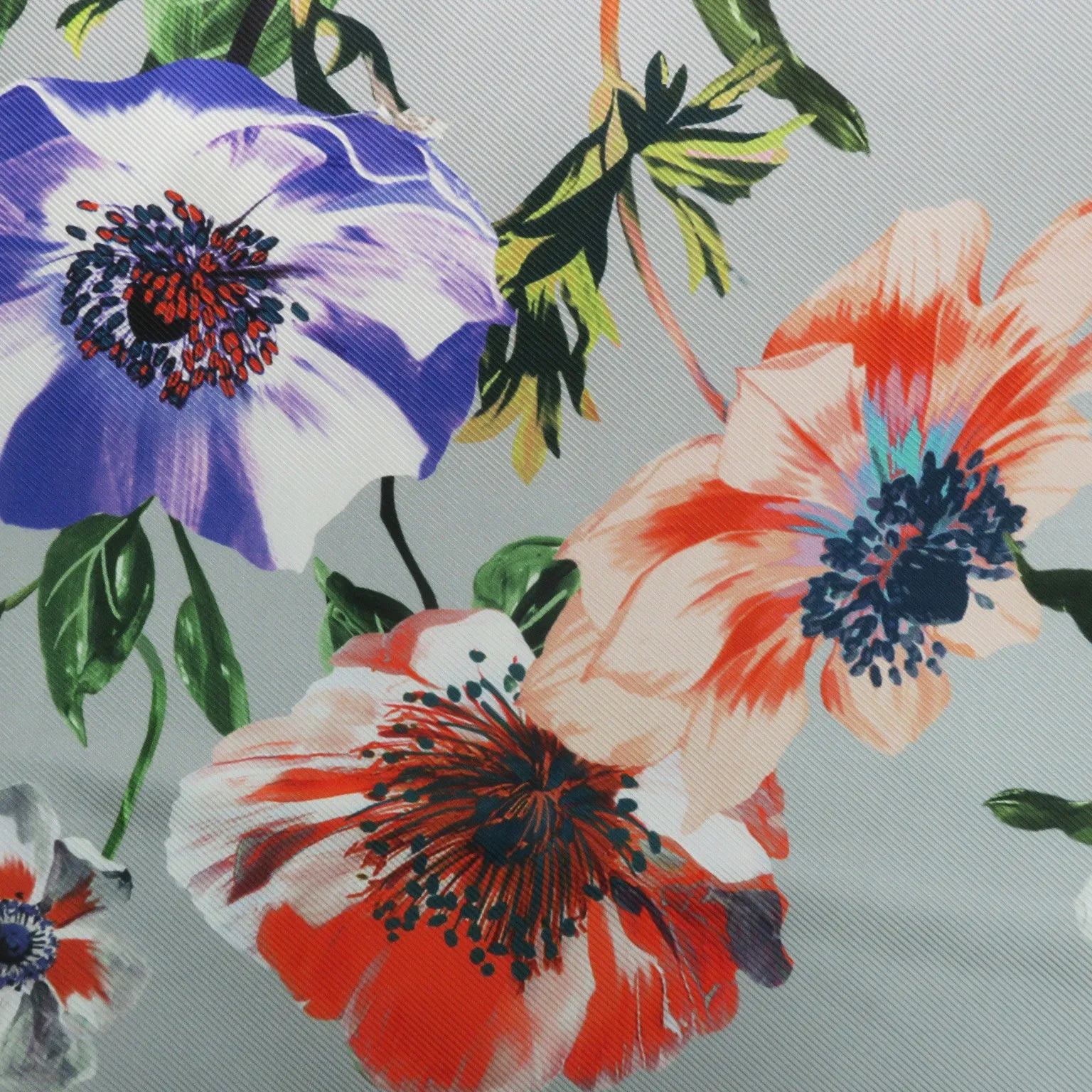 Blue and Red Floral on Grey Background Printed Polyester Mikado Fabric