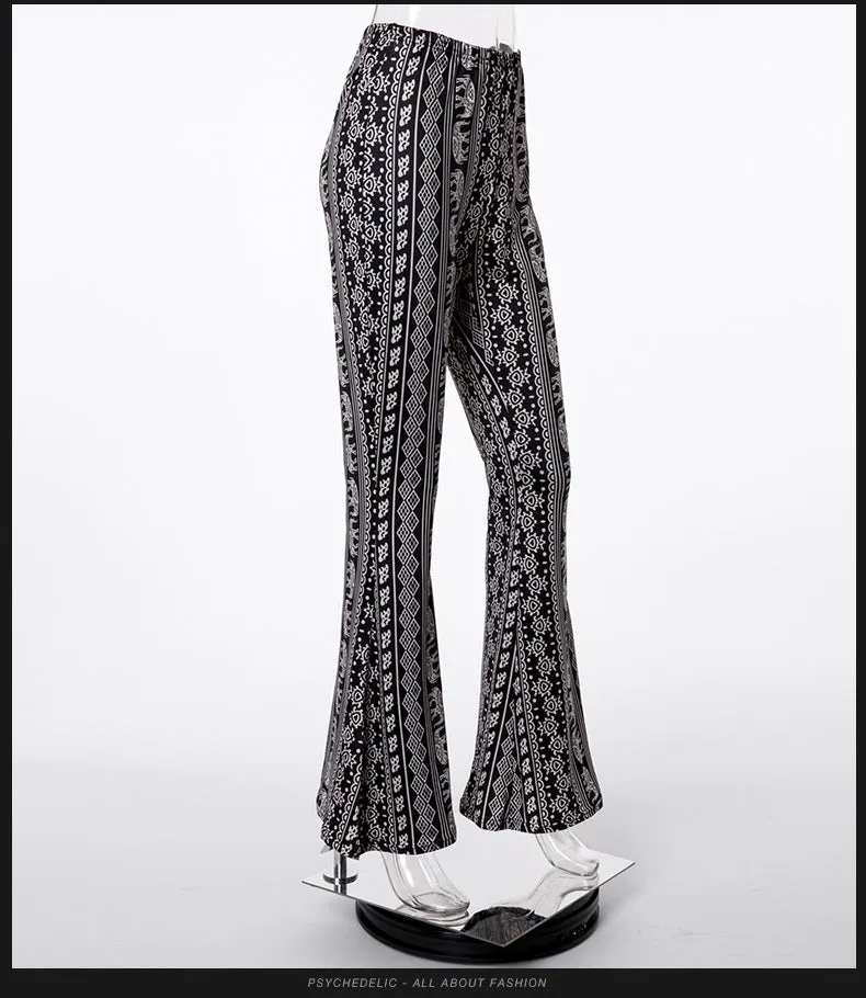 Bohemian Print Middle Waist Long Bell-bottomed Pants