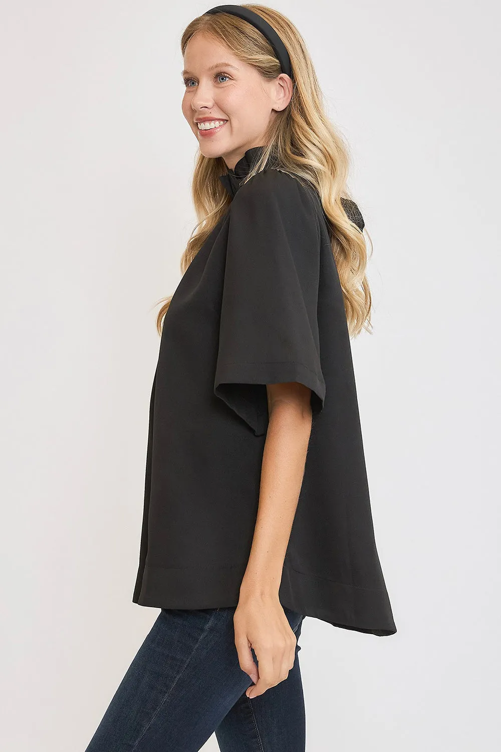 Bow Tie Back Mock Neck Half Sleeve Blouse