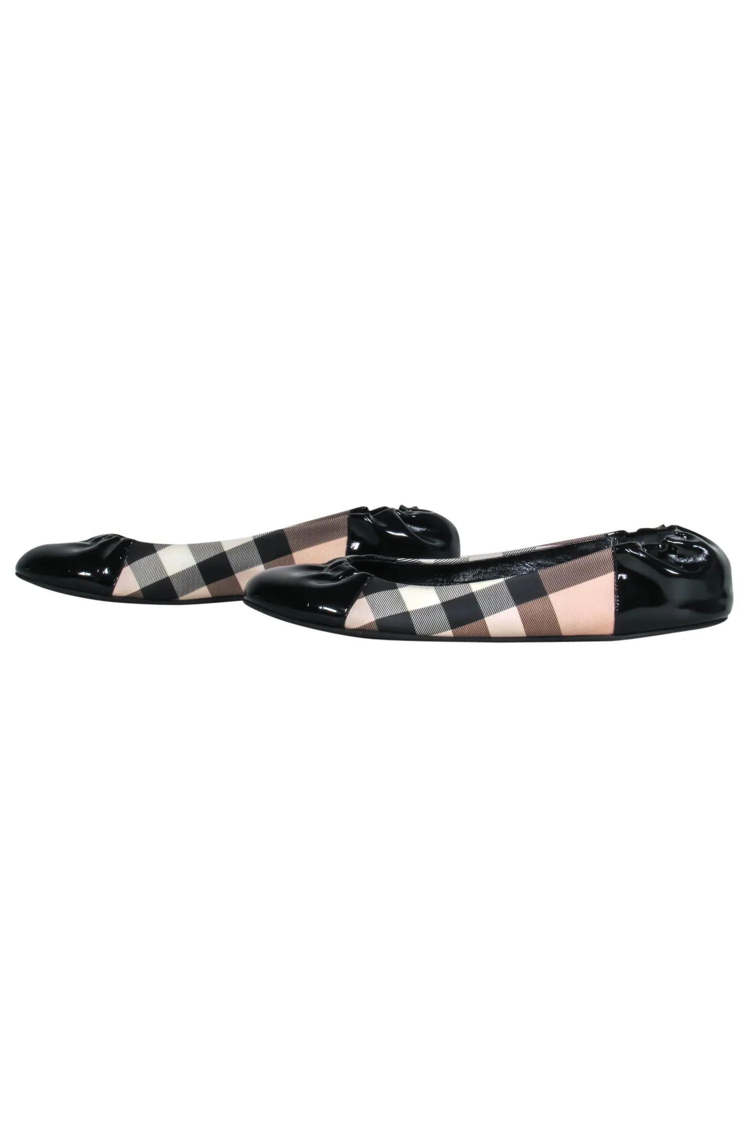 Burberry - Black, Tan, Red, & White Tartan Ballet Flat w/ Patent Leather Details Sz 10