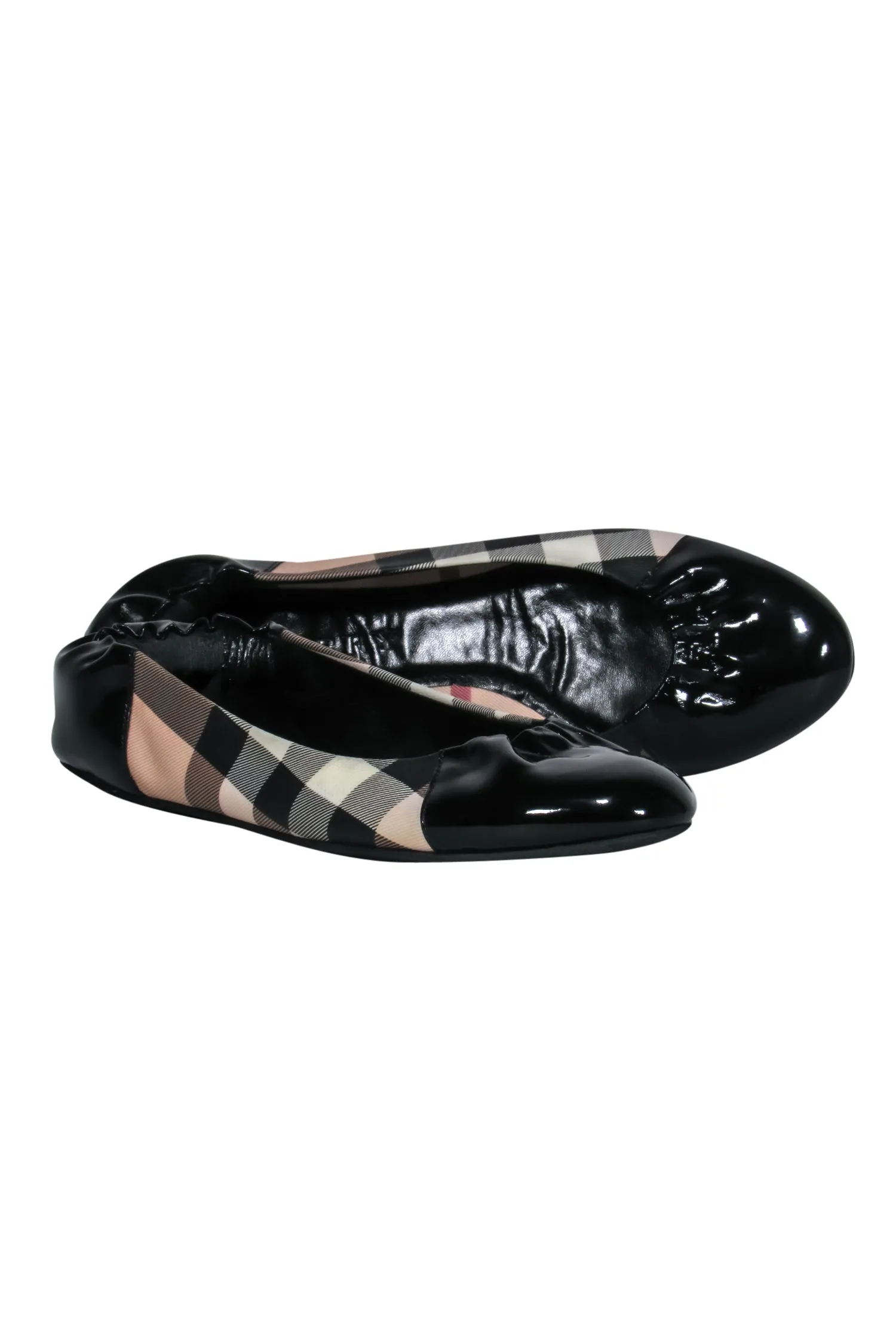 Burberry - Black, Tan, Red, & White Tartan Ballet Flat w/ Patent Leather Details Sz 10