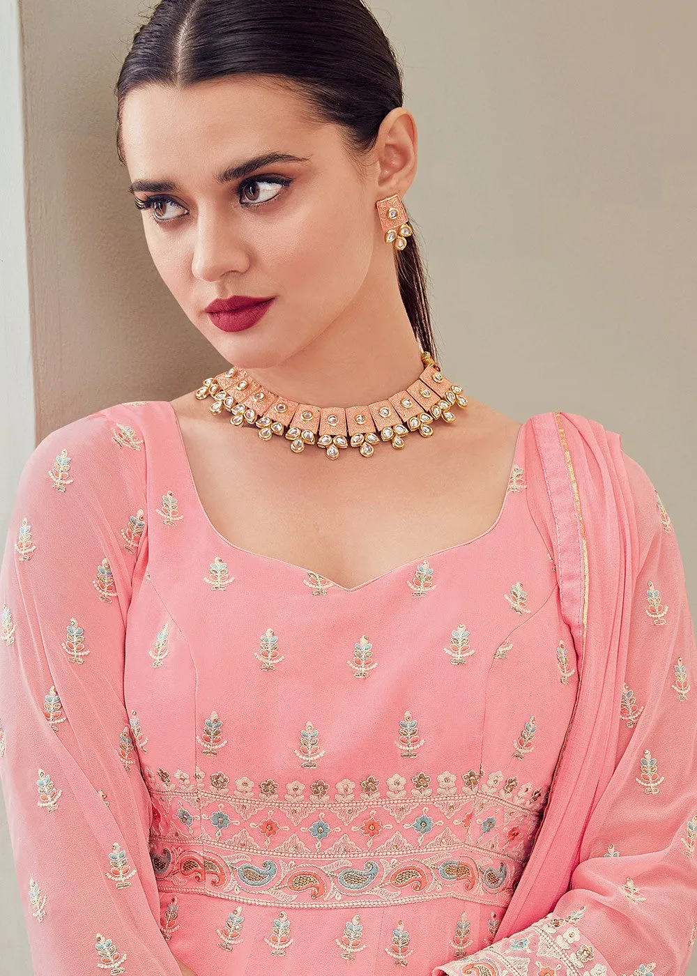 Carnation Pink Multi Thread Embroidered Anarkali Suit