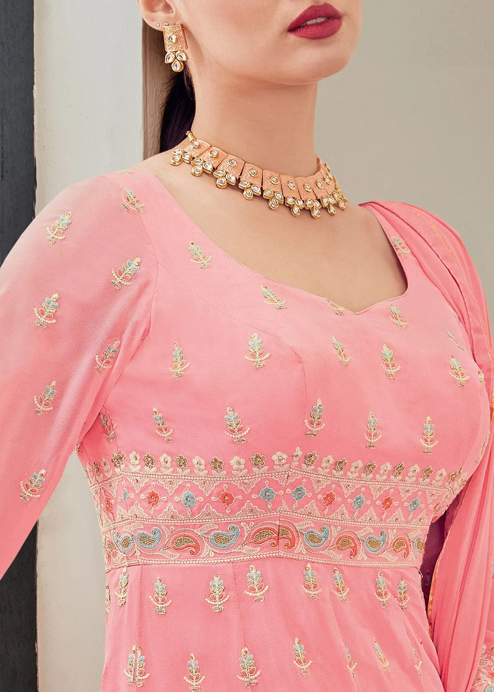 Carnation Pink Multi Thread Embroidered Anarkali Suit