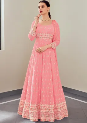 Carnation Pink Multi Thread Embroidered Anarkali Suit