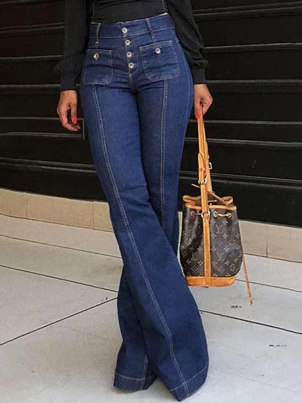 Chic High-Waisted Flared Denim Pants: Trendy Stretch Trousers for Women