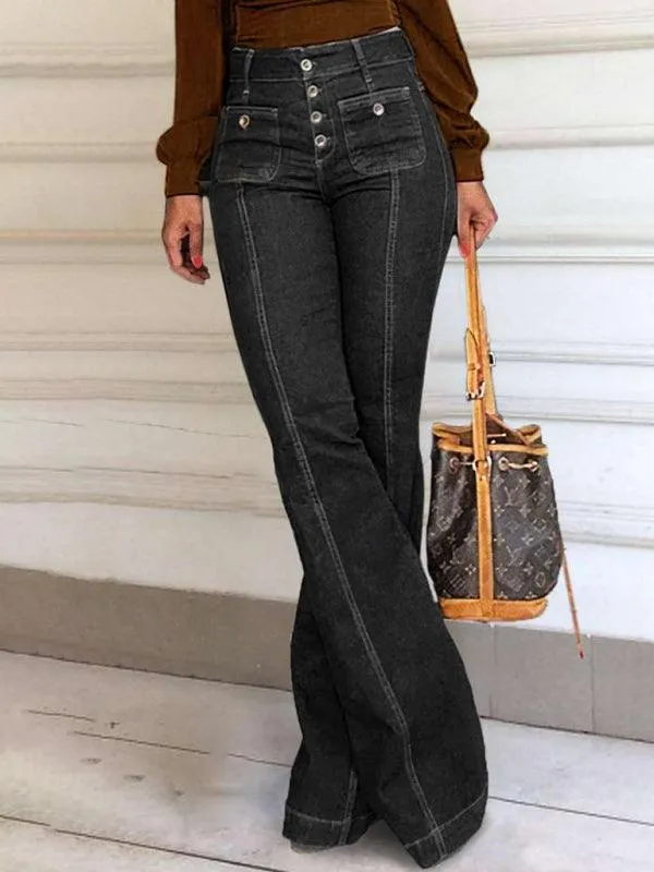 Chic High-Waisted Flared Denim Pants: Trendy Stretch Trousers for Women