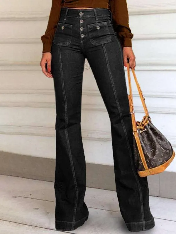 Chic High-Waisted Flared Denim Pants: Trendy Stretch Trousers for Women