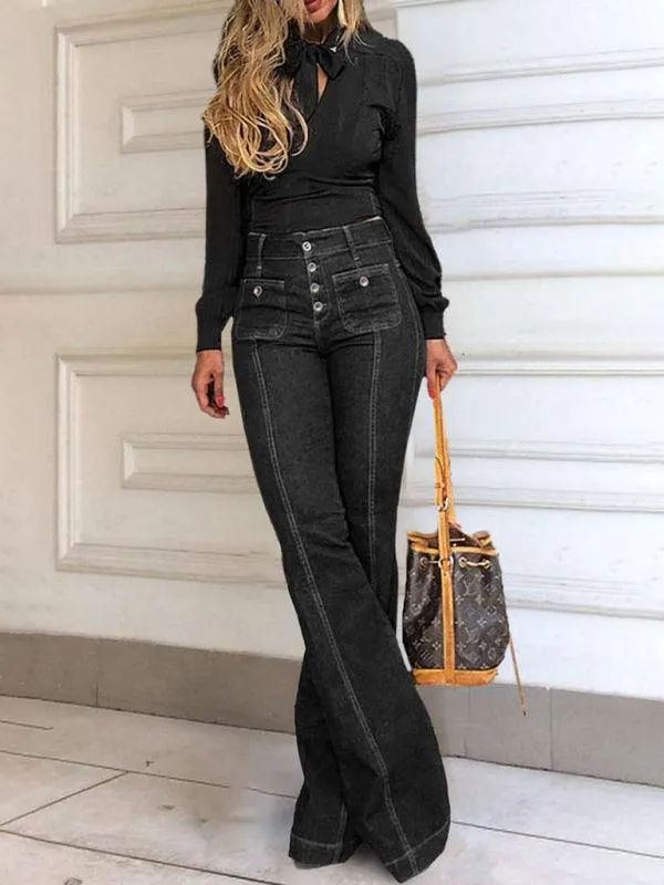 Chic High-Waisted Flared Denim Pants: Trendy Stretch Trousers for Women