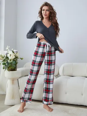 Chic Plush Tartan Loungewear Set with Button-Up Top and Matching Pants