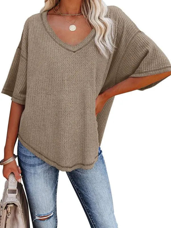 Chic V-Neck Waffle Knit Oversized Tee - Women's Summer Essential Top