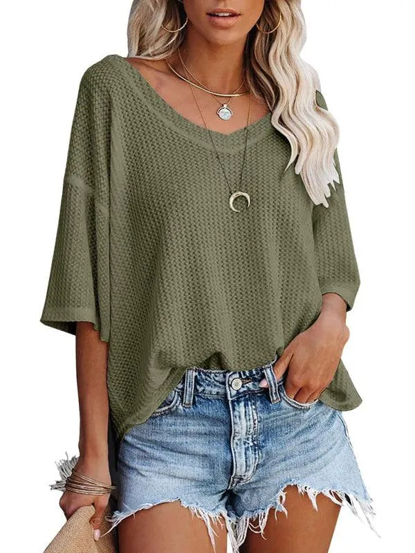 Chic V-Neck Waffle Knit Oversized Tee - Women's Summer Essential Top