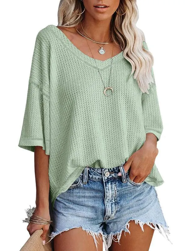 Chic V-Neck Waffle Knit Oversized Tee - Women's Summer Essential Top