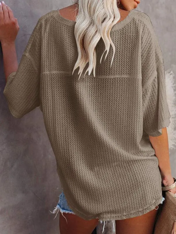 Chic V-Neck Waffle Knit Oversized Tee - Women's Summer Essential Top