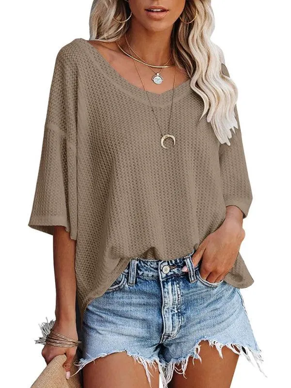 Chic V-Neck Waffle Knit Oversized Tee - Women's Summer Essential Top