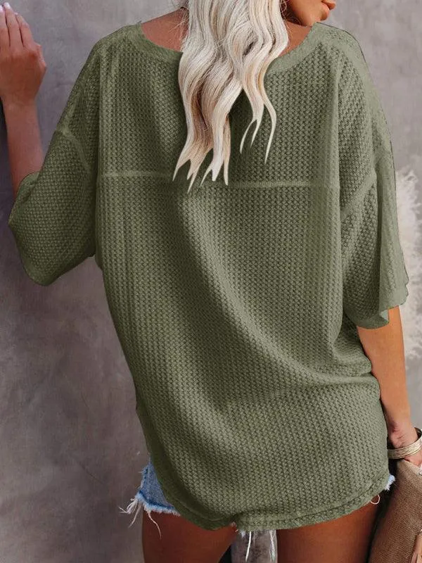 Chic V-Neck Waffle Knit Oversized Tee - Women's Summer Essential Top