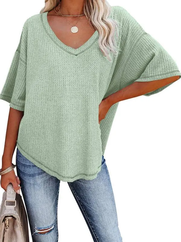 Chic V-Neck Waffle Knit Oversized Tee - Women's Summer Essential Top