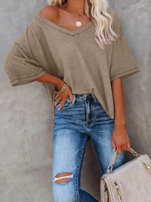 Chic V-Neck Waffle Knit Oversized Tee - Women's Summer Essential Top