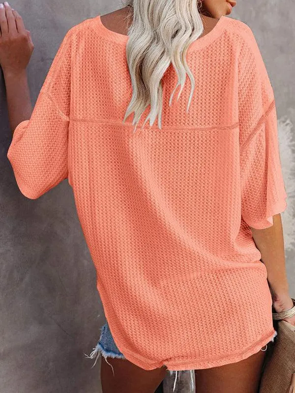 Chic V-Neck Waffle Knit Oversized Tee - Women's Summer Essential Top