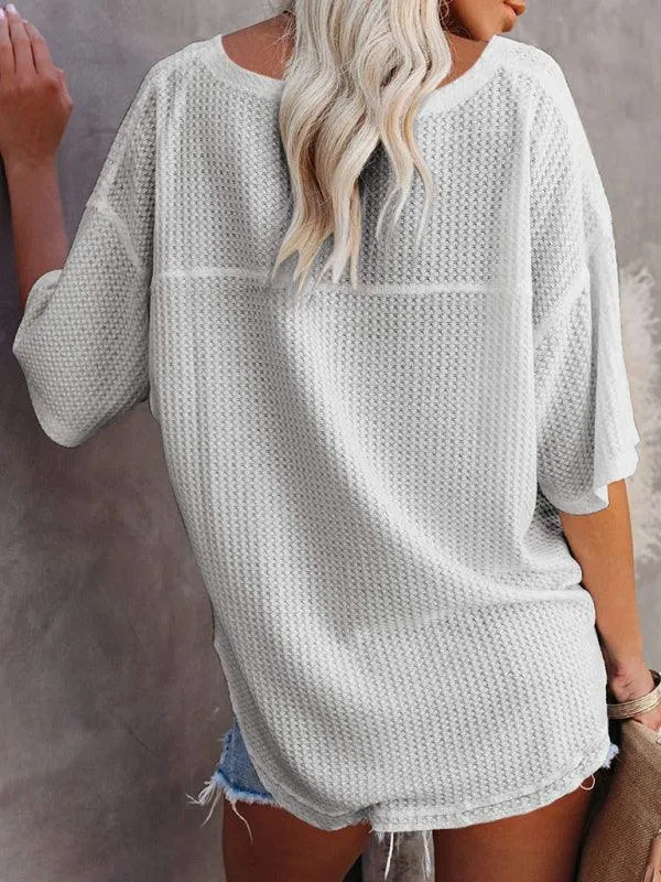 Chic V-Neck Waffle Knit Oversized Tee - Women's Summer Essential Top