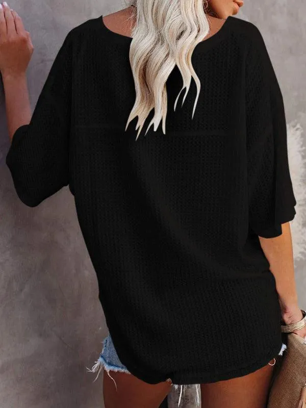 Chic V-Neck Waffle Knit Oversized Tee - Women's Summer Essential Top