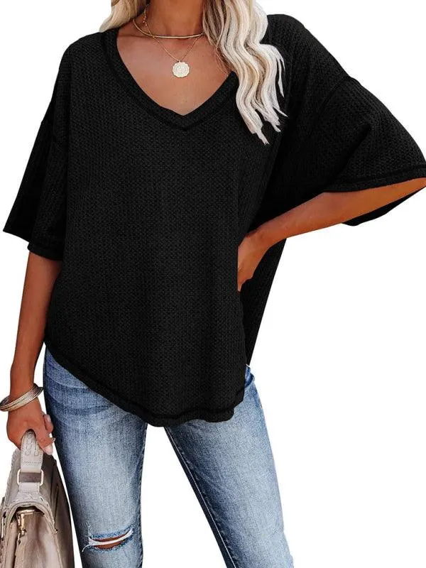 Chic V-Neck Waffle Knit Oversized Tee - Women's Summer Essential Top