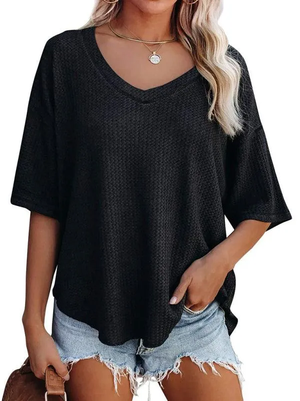 Chic V-Neck Waffle Knit Oversized Tee - Women's Summer Essential Top