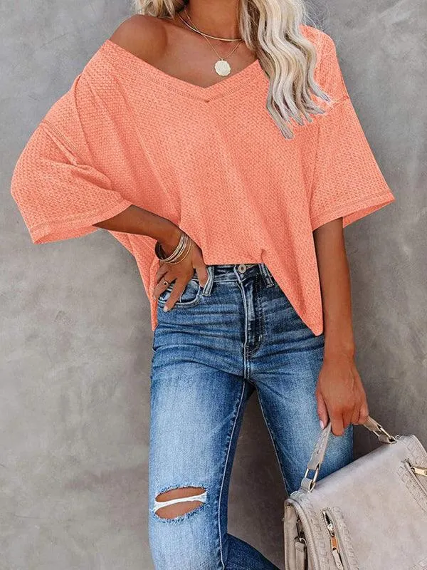 Chic V-Neck Waffle Knit Oversized Tee - Women's Summer Essential Top