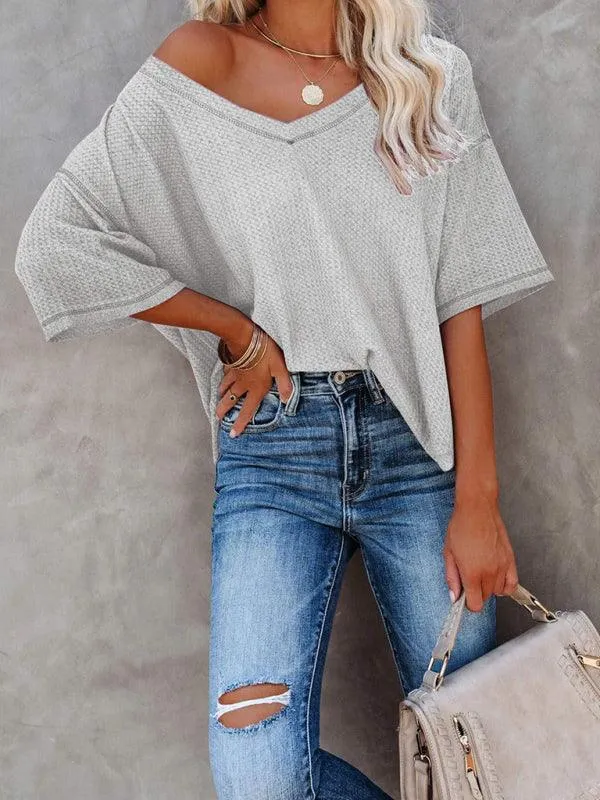 Chic V-Neck Waffle Knit Oversized Tee - Women's Summer Essential Top