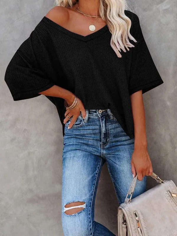 Chic V-Neck Waffle Knit Oversized Tee - Women's Summer Essential Top