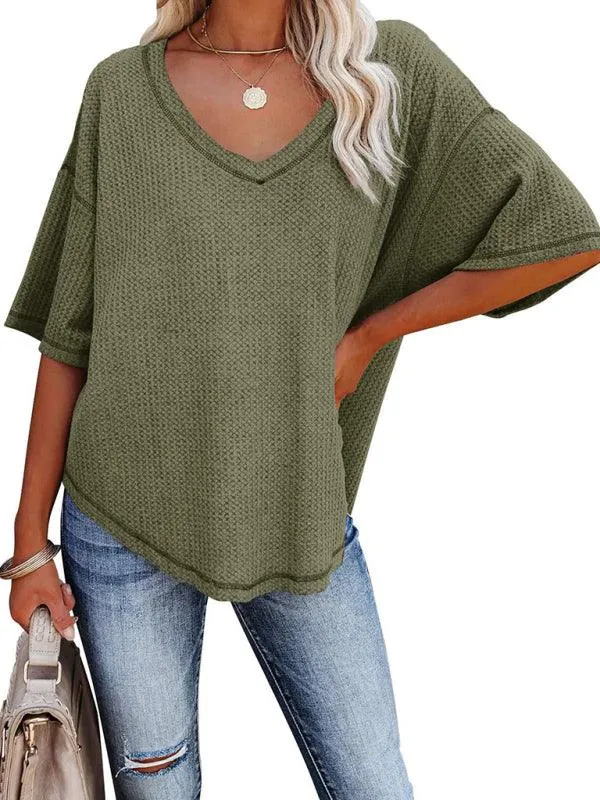 Chic V-Neck Waffle Knit Oversized Tee - Women's Summer Essential Top